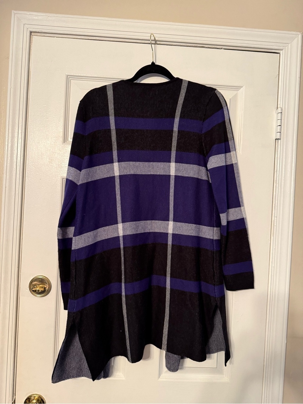 Anne Klein Open-Front Plaid Long Cardigan in Black and Purple - Picture 5 of 7
